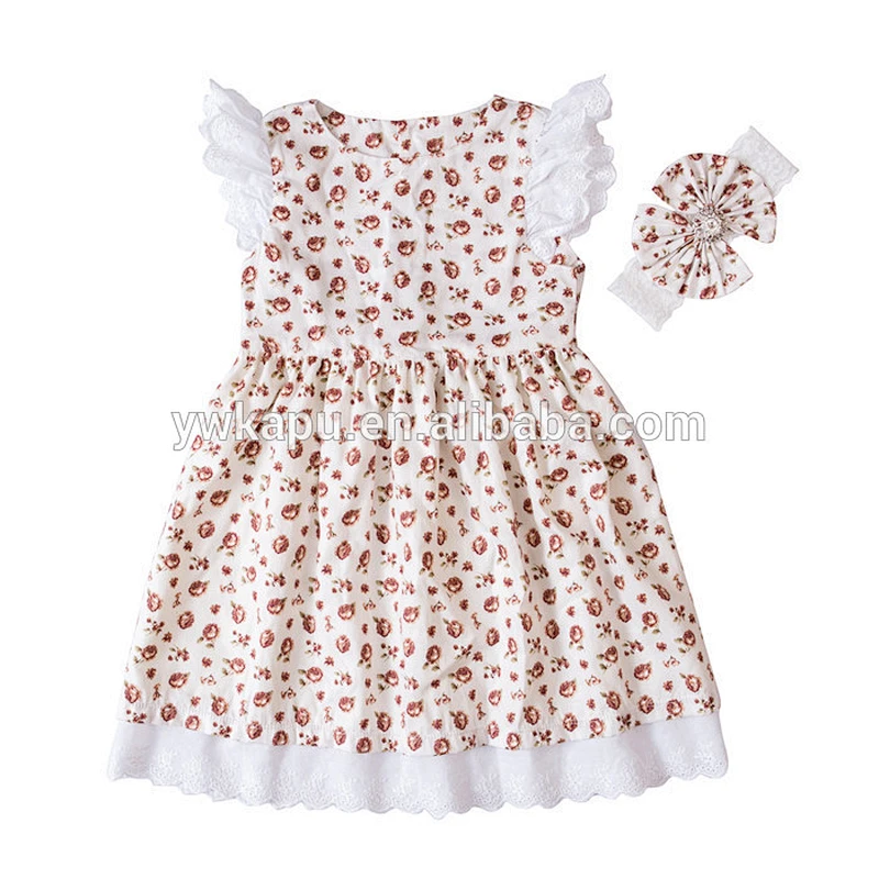 2018 spring wholesale new polyester cotton printing little girl flutter sleeve tunic dress with lace