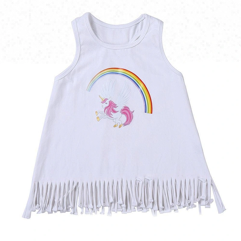 2018 Unique pink or white unicorn printed babe dress girl shirt girl fringe tank top