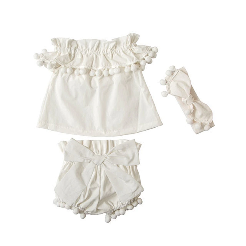 China product and wholesale pompom  with headband for baby kids for summer including shorts and top