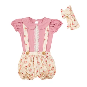 Lovely baby girls lantern pattern suspenders shorts short sleeve top clothing set