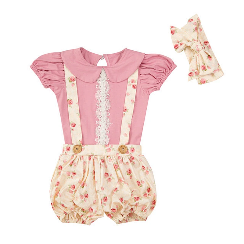 Lovely baby girls lantern pattern suspenders shorts short sleeve top clothing set
