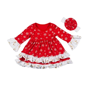 Wholesale Children's Boutique Clothing Kids Christmas Snowflake Printed Outfit Baby Ruffle Clothes Set With Headband