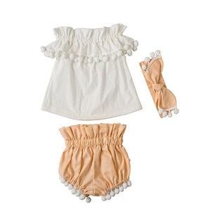 Newborn Baby Gift Baby Clothes set Pompom Off Shoulder Outfits Baby Outfit With Headband