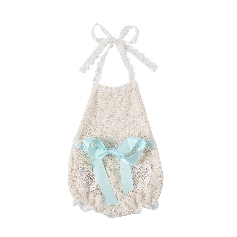 Wholesale Baby Girls White Lace Backless Halter Romper with a Sky Blue Ribbon Bow Decoration
