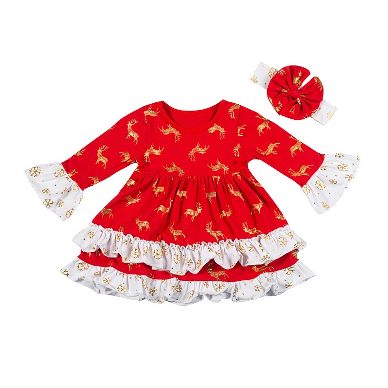 Wholesale Children's Boutique Clothing Kids Christmas Snowflake Printed Outfit Baby Ruffle Clothes Set With Headband