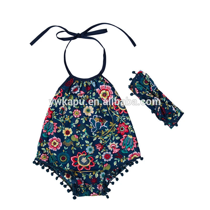 2018 New design newborn baby clothes pompom romper bubble romper with matching headband Lovely floral printed sunsuit