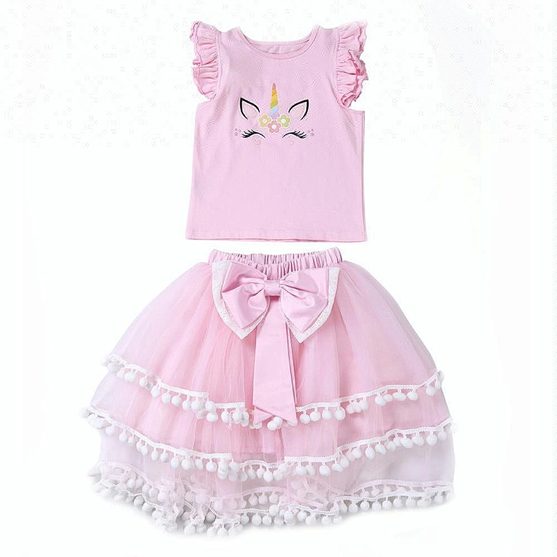 New list pink tutu with pompom and flutter sleeve shirt unicorn first birthday party outfit