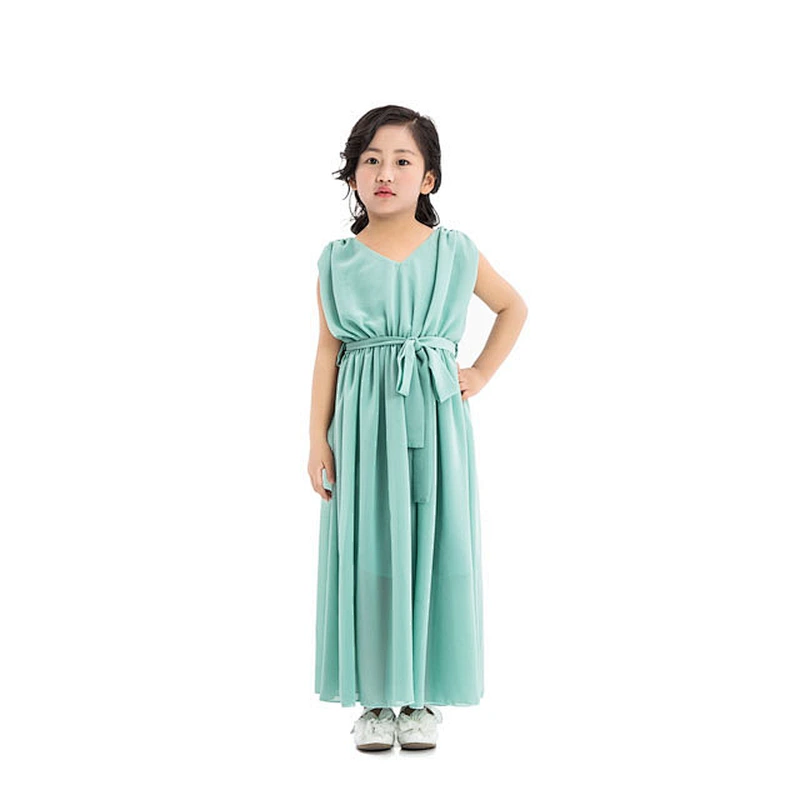 Princess baby girl long chiffon maxi clothes v-neck with belt evening party dress