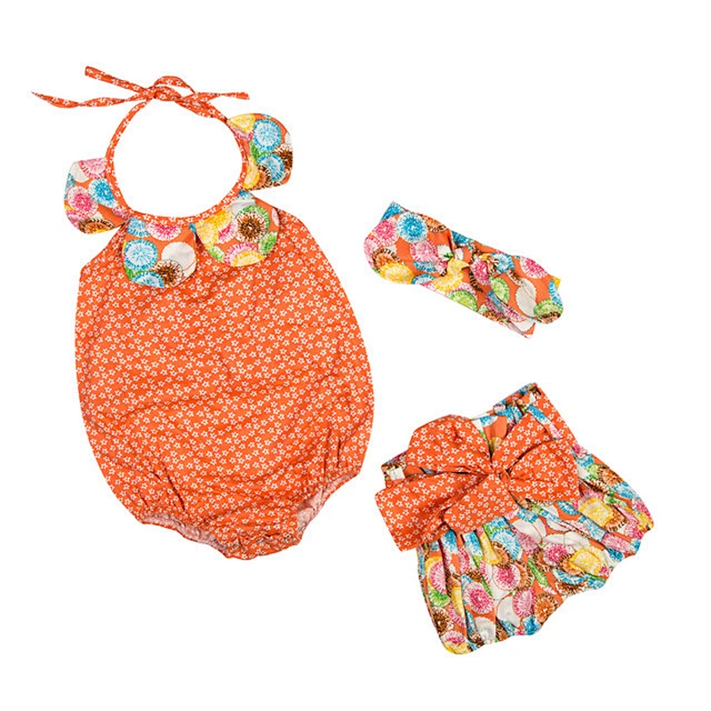 Baby Infant Girls Halter Flower Collar  Romper Short Pants Baby Clothing 3 PCs Sets With Floral Headband