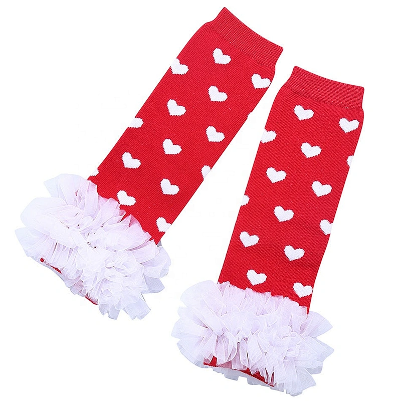 Hot Red Baby Girls Ruffle Leg Warmers Wholesale with Knitted Heart Pattern