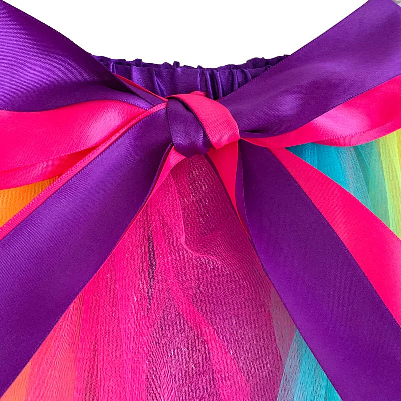 Hot Multicolor Birthday Dance Tulle Rainbow Ribbon Bow Baby Girls TUTU Skirts