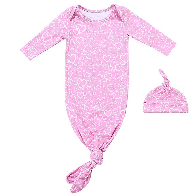 Newborn Baby Girls One-piece Knotted Pajama Sets with A Knotted Hat