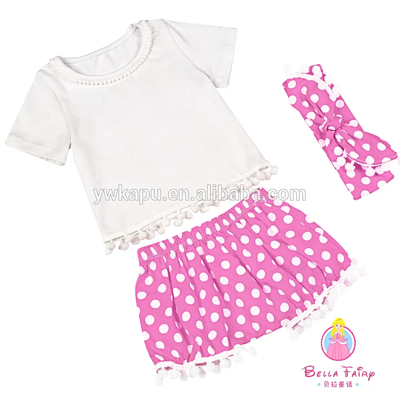 New arrival baby summer outfits girls cute pompom patterns clothes kids lovely short sleeve outfit set