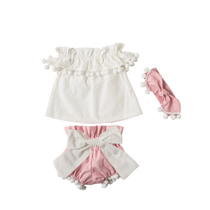 China product and wholesale pompom  with headband for baby kids for summer including shorts and top