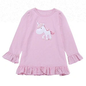 Latest tops designs unicorn printed girls clothing baby girl long sleeve ruffle tops