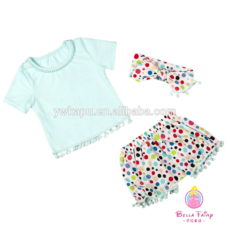 New arrival baby summer outfits girls cute pompom patterns clothes kids lovely short sleeve outfit set
