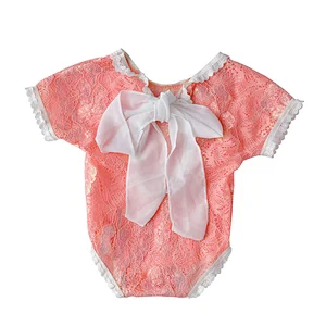 Pink Polyester Toddler Flower Lace Romper Newborn Baby Girl Ruffled Cute Backless  clothes onesie