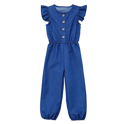 Cotton footed jean jumpsuit short sleeve long leg baby girl denim romper with feet