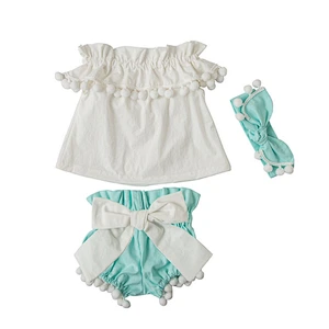 China product and wholesale pompom  with headband for baby kids for summer including shorts and top