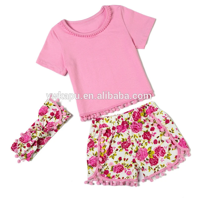 2018 Little girls boutique summer baby pompom pettiset for children back to school clothing sets including headband