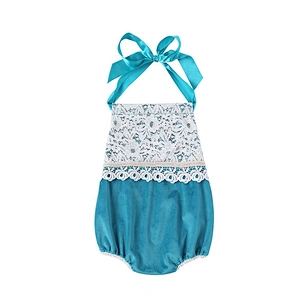 Bulk Sale Baby Girls Backless Velour Halter Rompers with Cute Lace Decoration