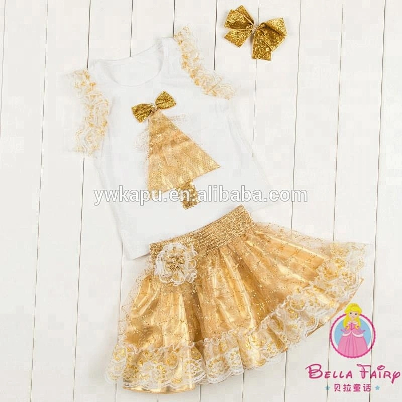 Wholesale New style ChristmasTree Girl Dress Girls Christmas Outfits Cotton Top And Sequin Skirt