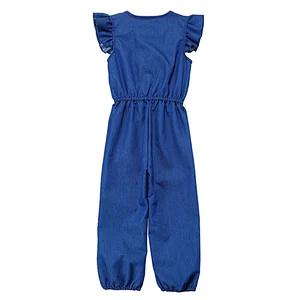 Cotton footed jean jumpsuit short sleeve long leg baby girl denim romper with feet