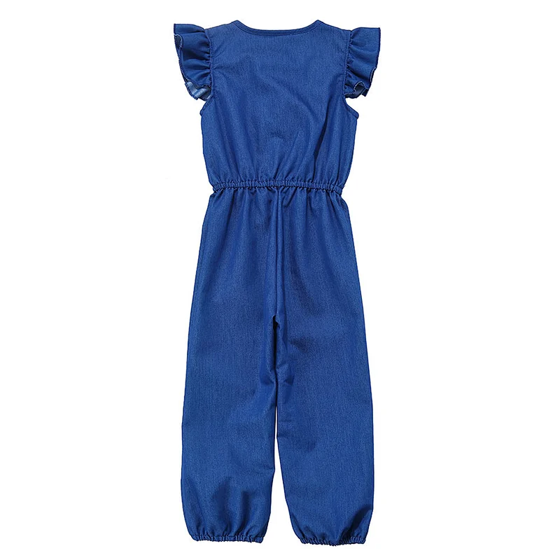 Cotton footed jean jumpsuit short sleeve long leg baby girl denim romper with feet