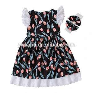 2018 spring wholesale new polyester cotton printing little girl flutter sleeve tunic dress with lace