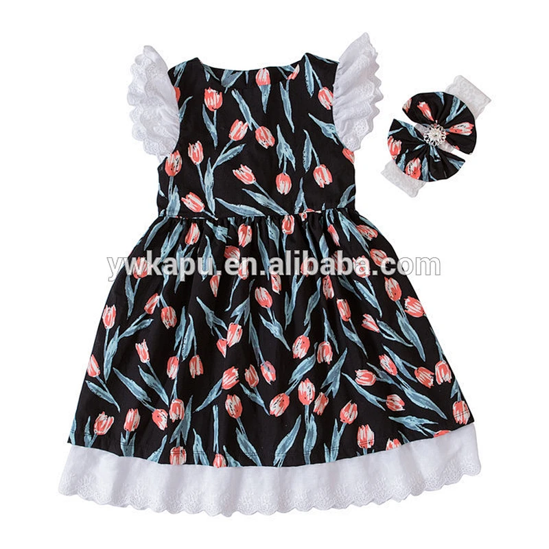 2018 spring wholesale new polyester cotton printing little girl flutter sleeve tunic dress with lace