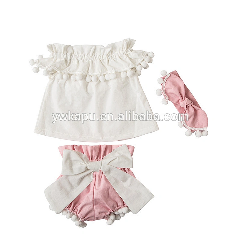 Spring Kids Outfit With Pompom Wholesale Baby Girls Off Shoulder Tunic Top Outfits