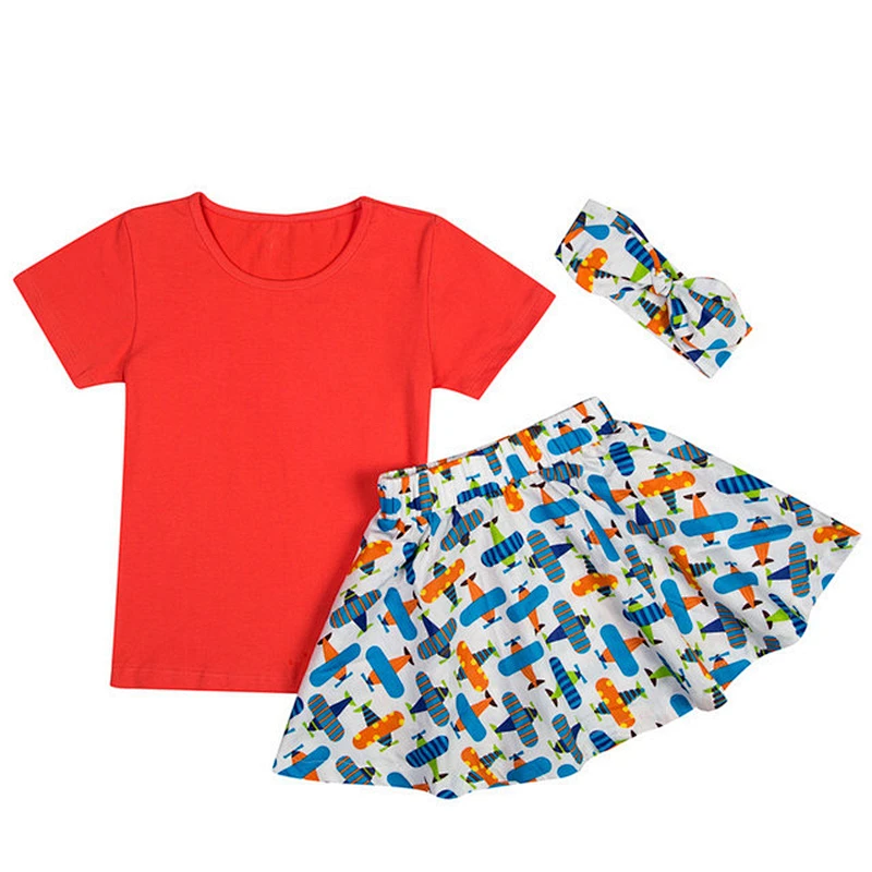 Baby girls outfit clothing set blue shirts umbrella printed cartoon ruffle skirts with headband