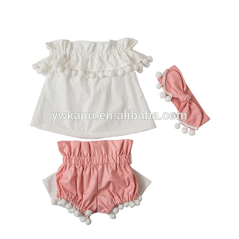 Customize casual toddler baby girl 3 Pieces set pompom tops and shorts with hairband