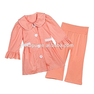 Popular pink polka dot ruffle shirt match pant two piece outfit girl spring blouse set