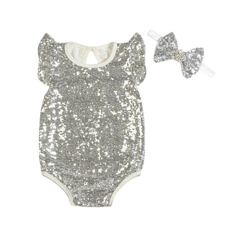 Baby Girls Sequins  Bodysuit Romper Jumpsuit Summer Baby Romper With Headband