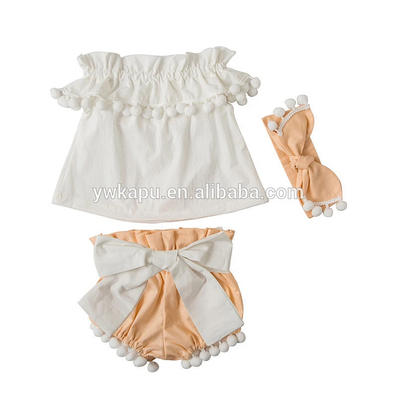 Hot style fancy baby girls Pompom Off Shoulder Outfits