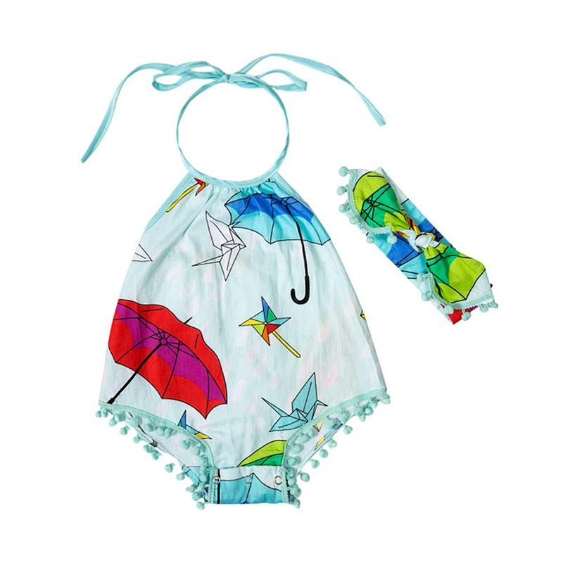 Cute design cotton baby girl bodysuit flower printing sleeveless halter romper with pompom headband
