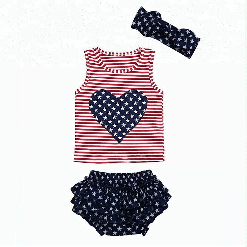 2018 Newest design patriotic high quality sleeveless top and ruffle bloomers 4th of July baby girl outfit