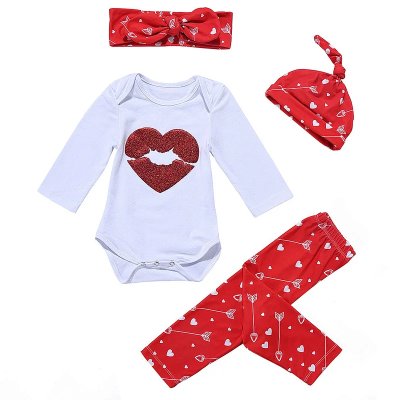 Fashionable Baby Girls 4 Pieces Matching Romper + Leggings + Headband + Hat Sets