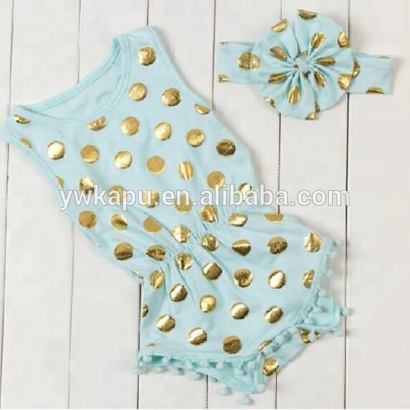 2018 European baby clothing wholesale polka dot pompom adult baby romper with headband