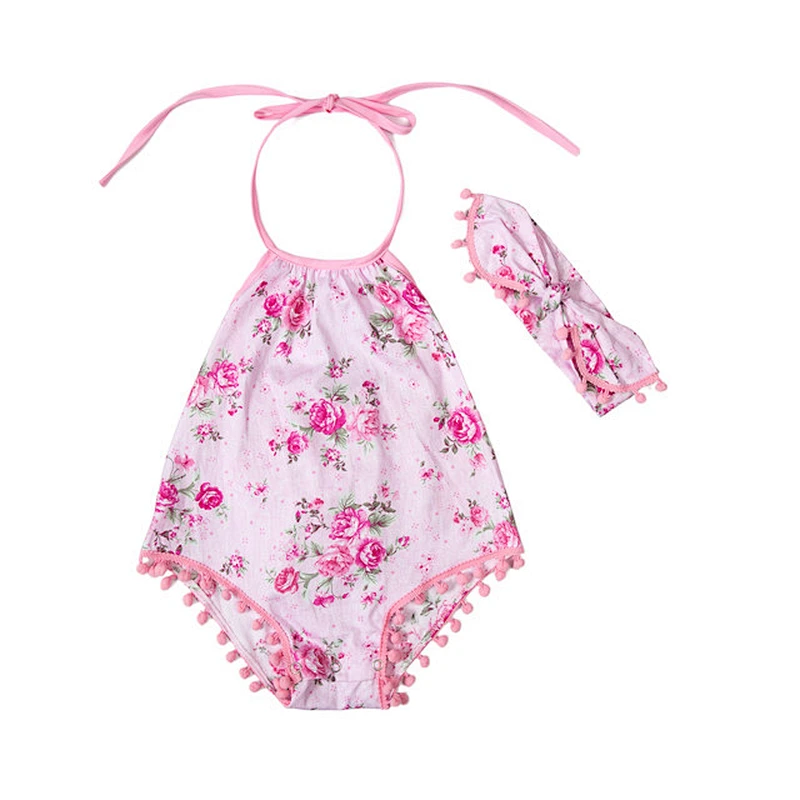 Cute design cotton baby girl bodysuit flower printing sleeveless halter romper with pompom headband