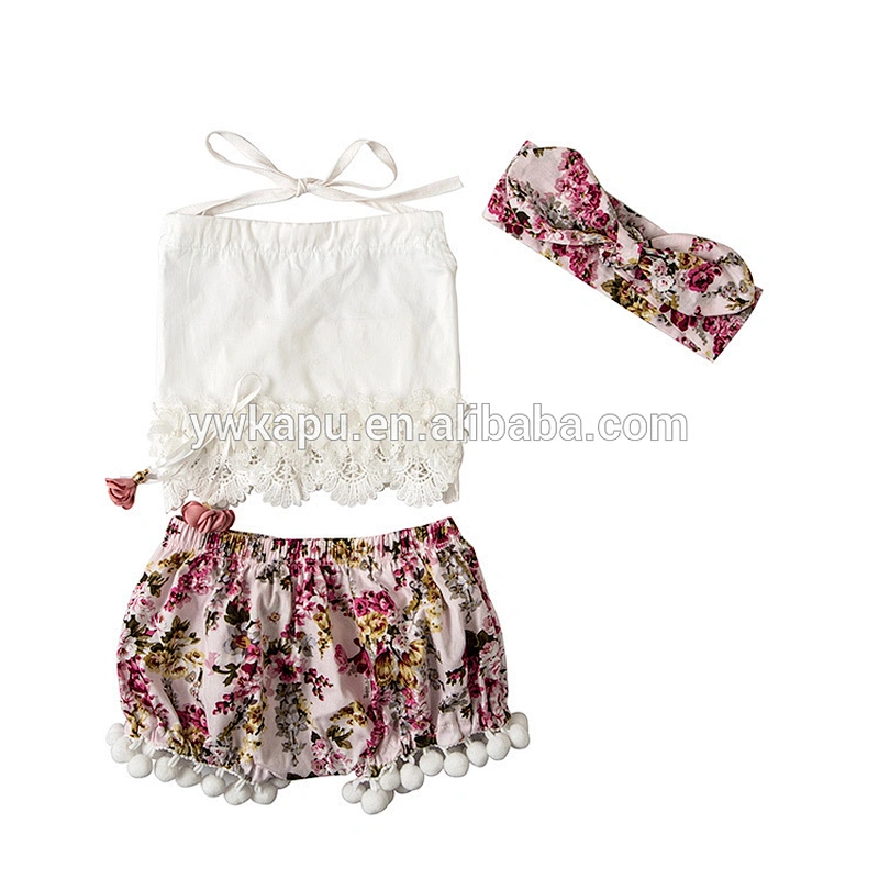 Newborn Baby lace back tassels shirts and flower pompom shorts outfit With Headband