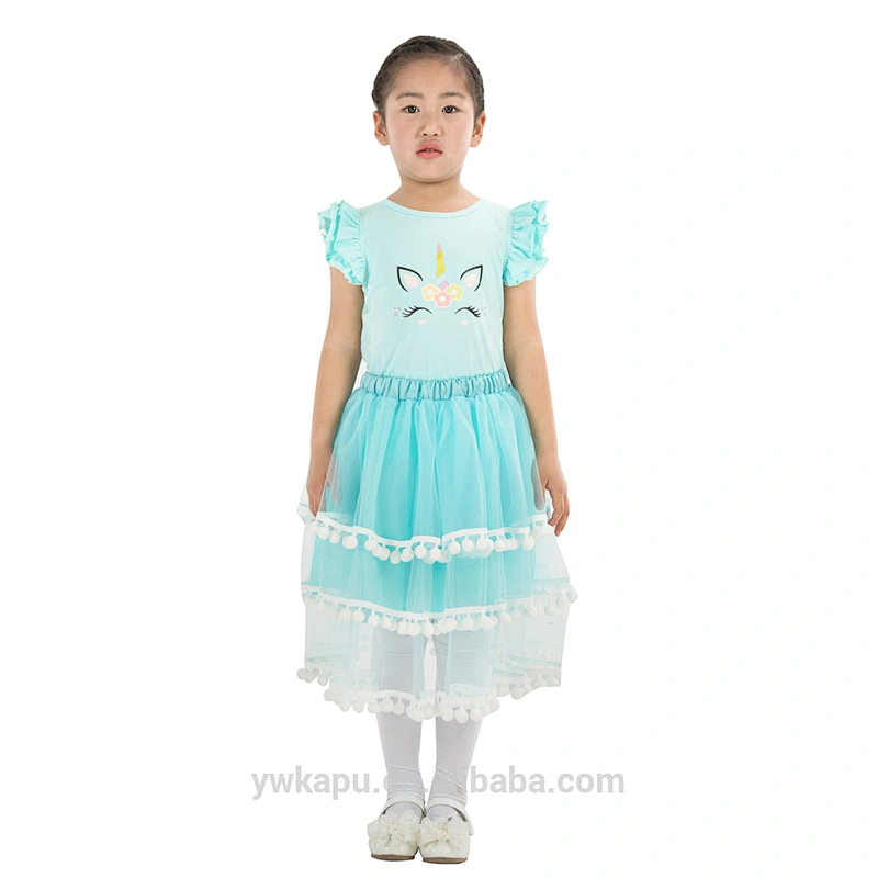 Wholesale boutique lovely infant outfit baby girls top match pompom skirt unicorn dress sets
