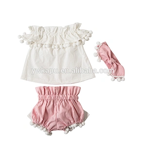 Spring Kids Outfit With Pompom Wholesale Baby Girls Off Shoulder Tunic Top Outfits