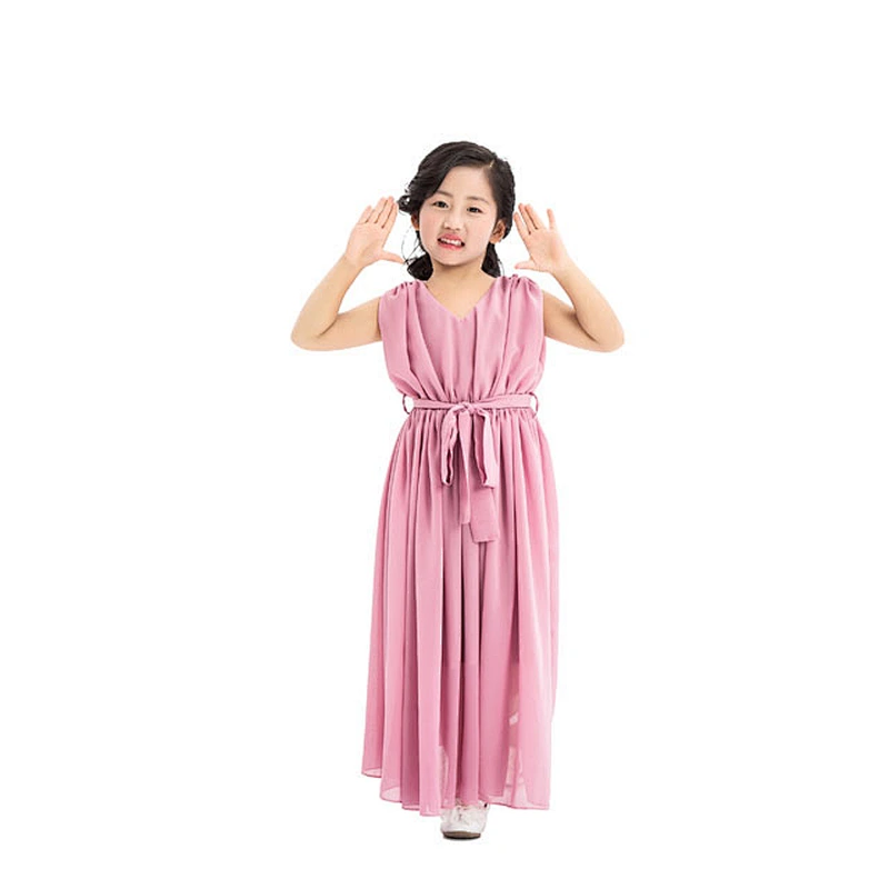 Princess baby girl long chiffon maxi clothes v-neck with belt evening party dress