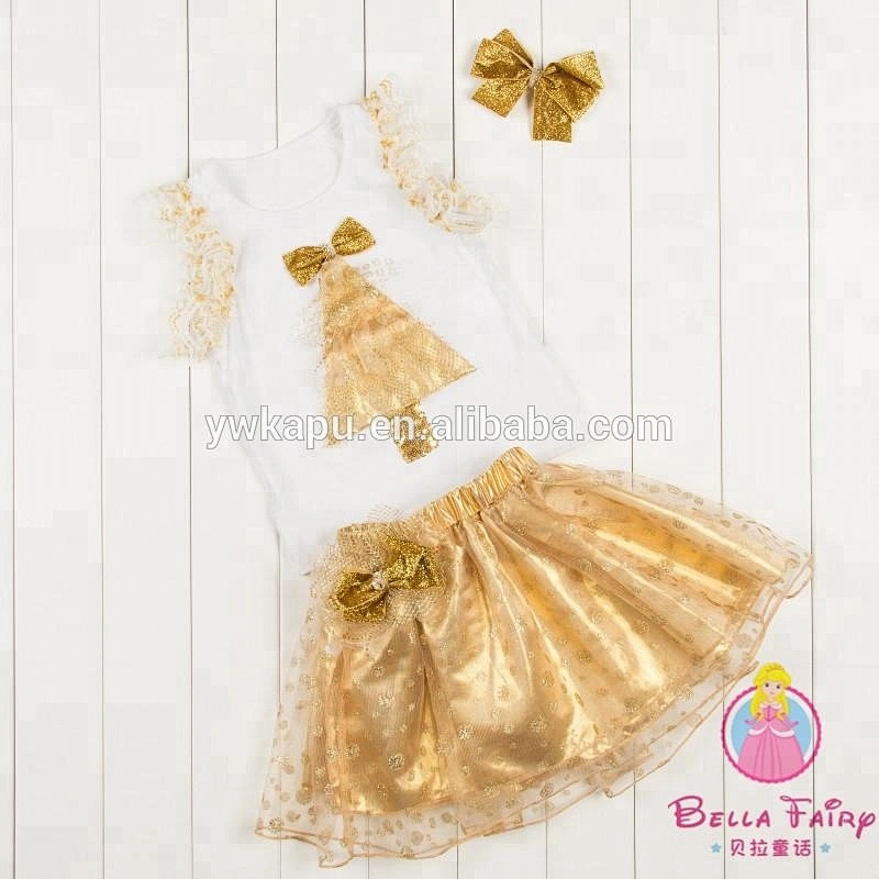 Wholesale New style ChristmasTree Girl Dress Girls Christmas Outfits Cotton Top And Sequin Skirt