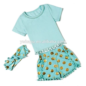 2018 Little girls boutique summer baby pompom pettiset for children back to school clothing sets including headband