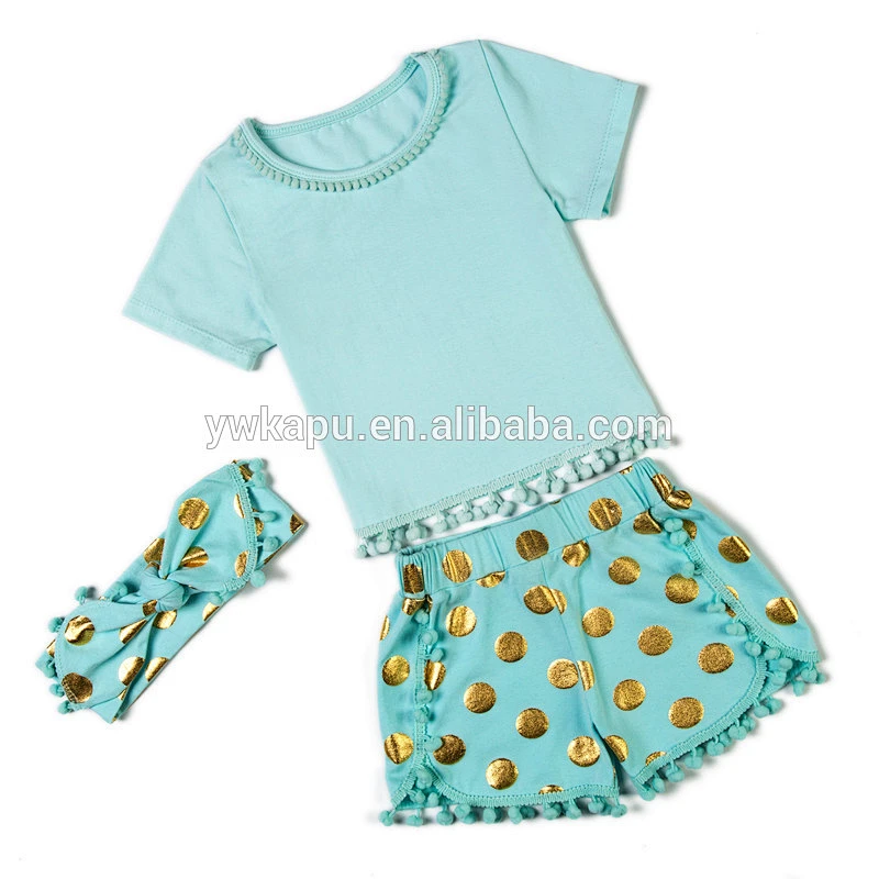 2018 Little girls boutique summer baby pompom pettiset for children back to school clothing sets including headband