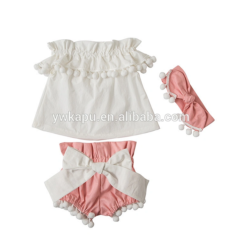 Customize casual toddler baby girl 3 Pieces set pompom tops and shorts with hairband