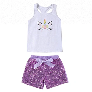 Newest unicorn printed tank top and sequin shorts with bowknot outfit girls unicorn set